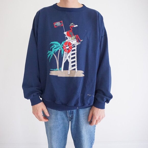 Vintage '80s Coconut Joe Clothing Company Navy Red Flamingo Crewneck Sweater XL - Picture 1 of 10
